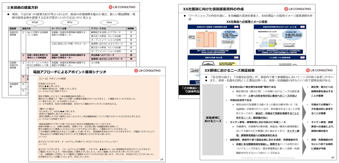 各領域における顧客企業のショートリストを作成し、提携交渉のための個社別企画書を作成。先方の開発技術者の接点を確保、ヒアリングを通じてインサイトを導出